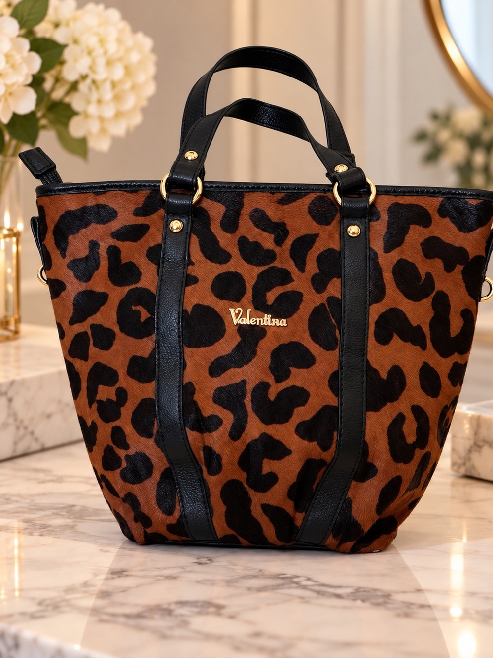 Valentina Leopard Print Genuine Leather Satchel Bag